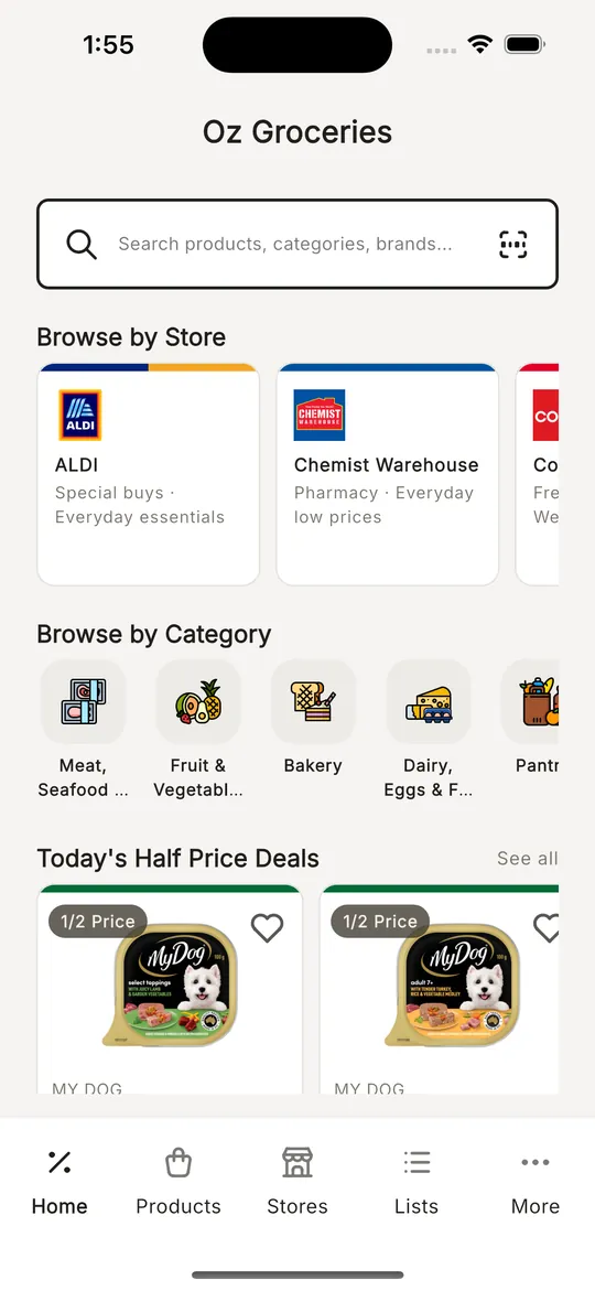 Oztally home screen: search, browse by store, browse by category and today's half-price deals