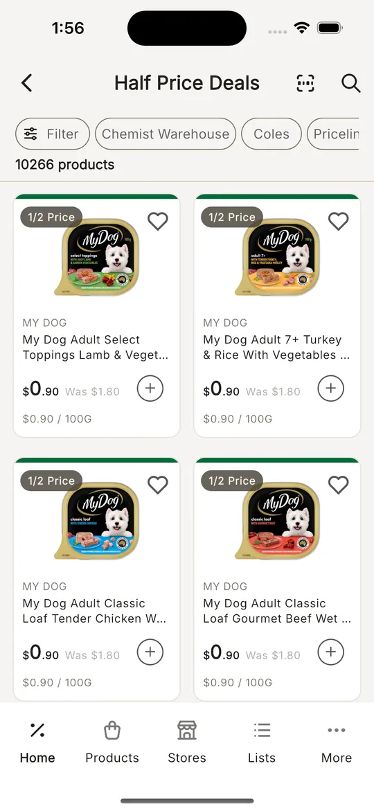 Half Price Deals list with store filters and unit prices