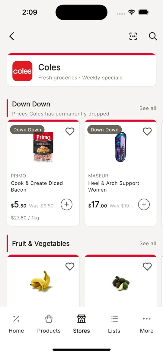 Coles catalogue in Oztally, Down Down and Fruit and Vegetables sections
