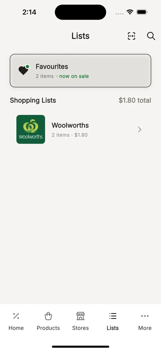 Lists screen with favourites and a Woolworths shopping list